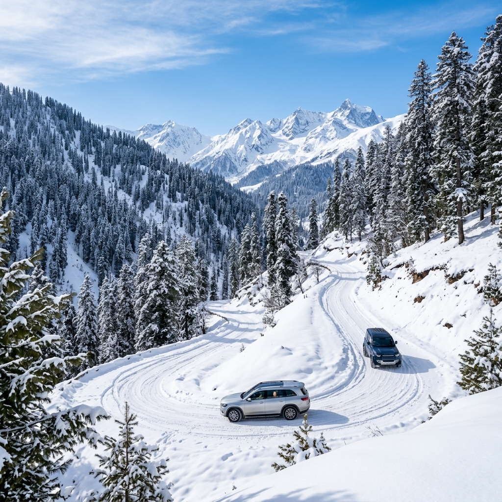 Gulmarg snow-covered resort and pine trees - highlight of Kashmir Honeymoon Package